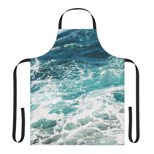 A blue and white apron featuring an abstract ocean wave pattern, perfect for the beach-loving home chef.