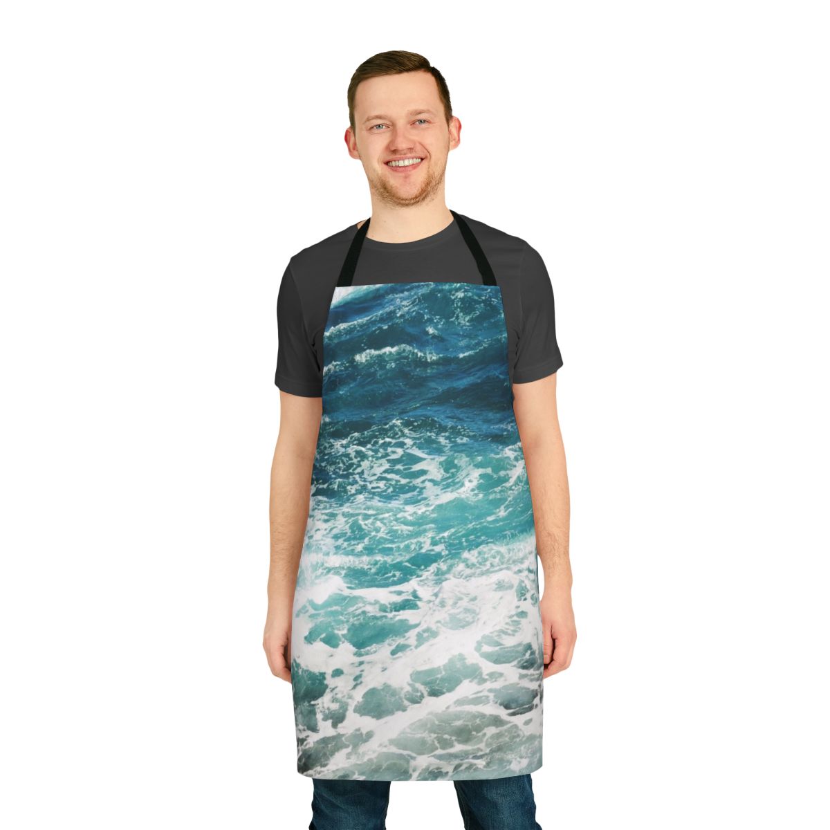 A blue and white apron featuring an abstract ocean wave pattern, perfect for the beach-loving home chef.