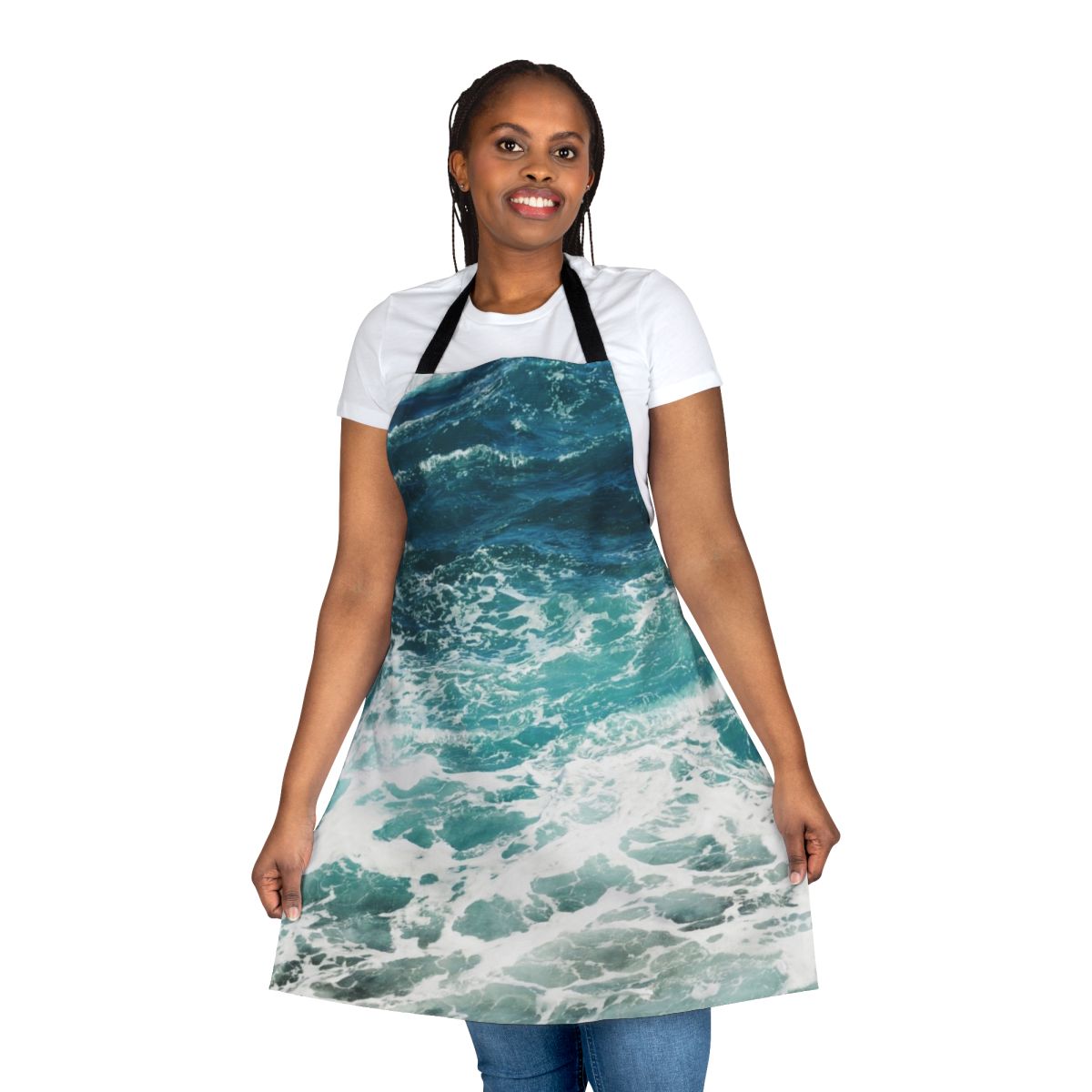 A blue and white apron featuring an abstract ocean wave pattern, perfect for the beach-loving home chef.