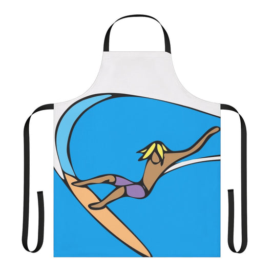 Coastal-inspired hand drag apron with surfer and ocean motif