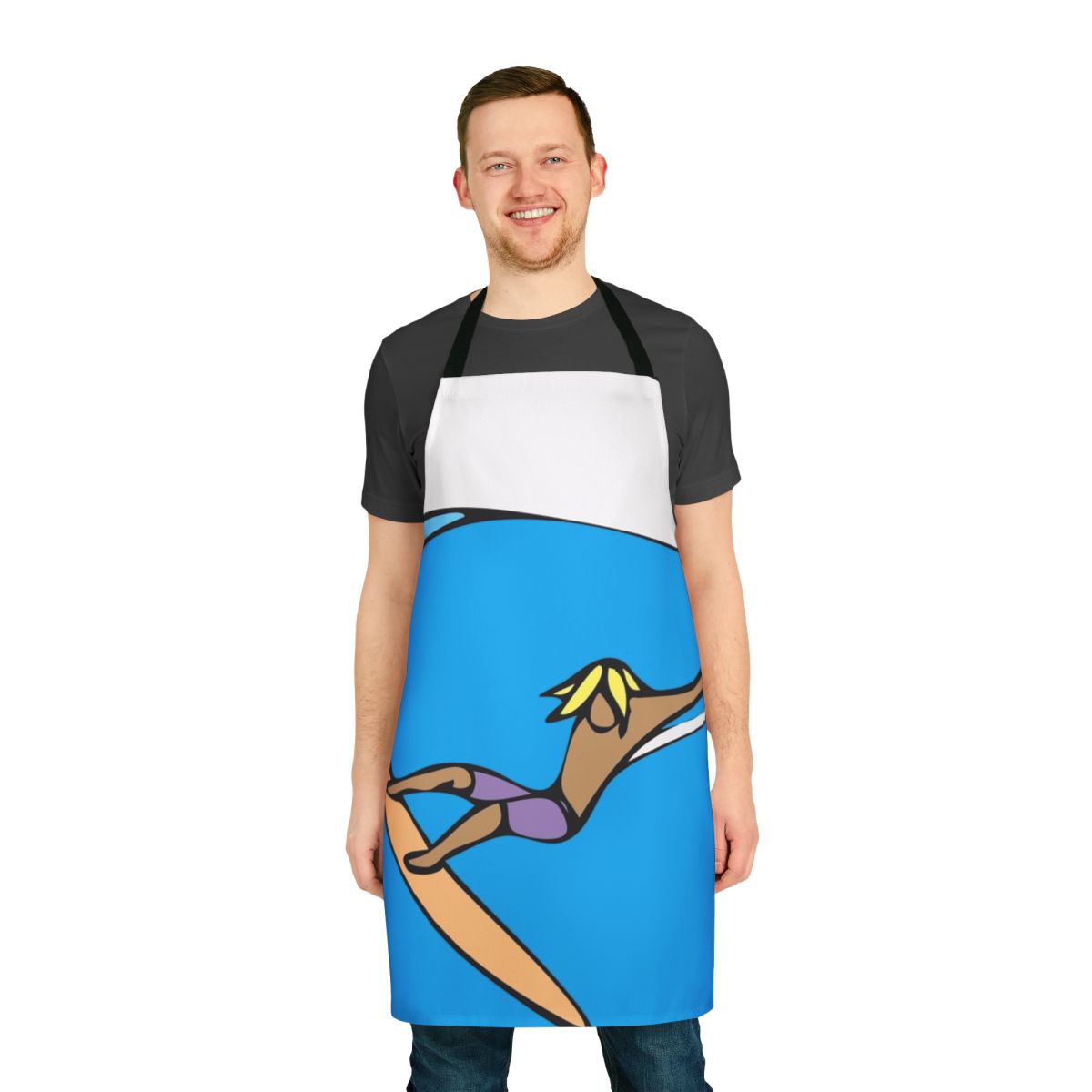 Coastal-inspired hand drag apron with surfer and ocean motif