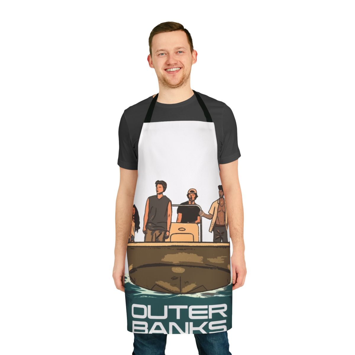 Coastal-themed apron featuring characters from the Netflix series Outer Banks