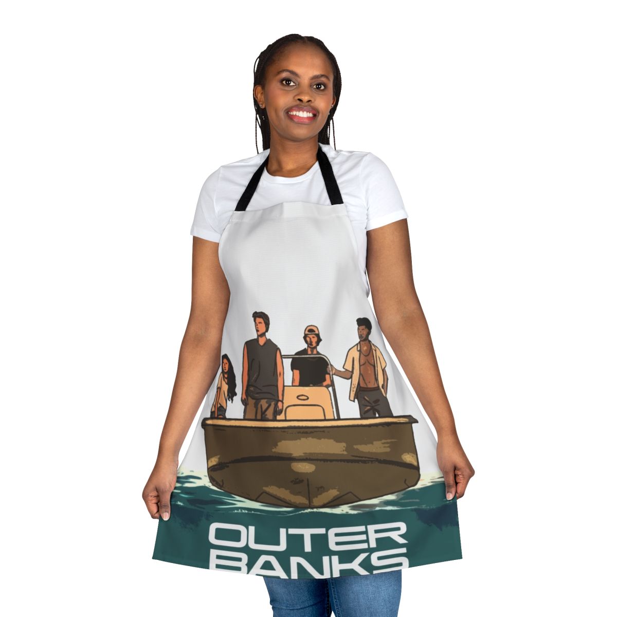 Coastal-themed apron featuring characters from the Netflix series Outer Banks