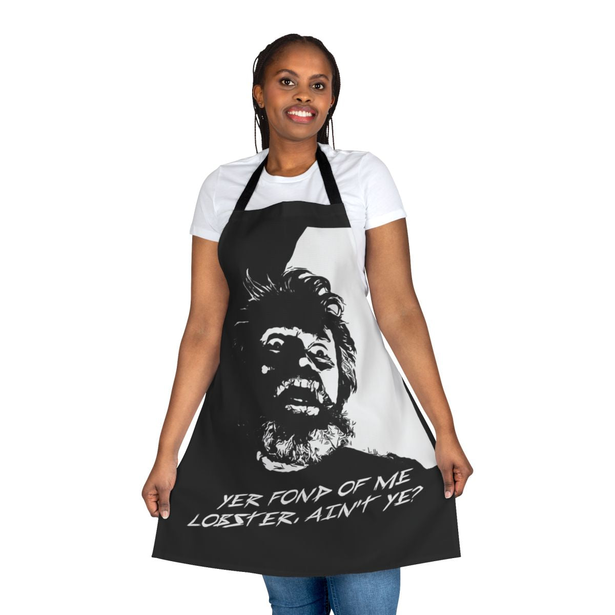 Lobster themed apron with a lighthouse design, perfect for coastal and seafood inspired cooking and baking.