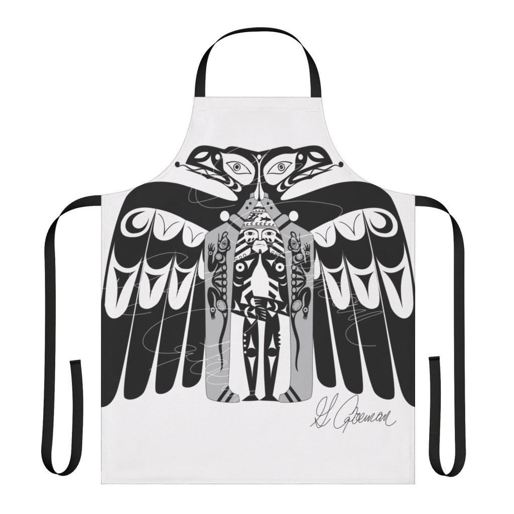 Raven Apron featuring a coastal design with a black bird silhouette against a sunset backdrop