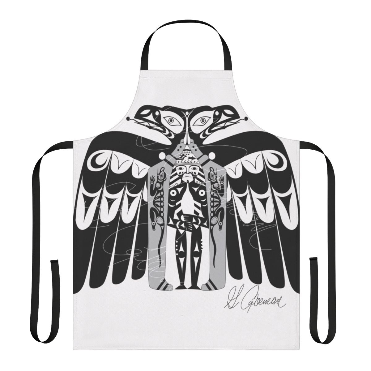 Raven Apron featuring a coastal design with a black bird silhouette against a sunset backdrop