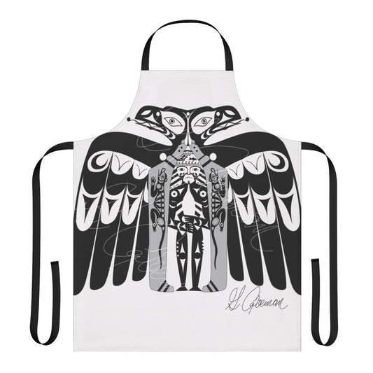 Raven Apron featuring a coastal design with a black bird silhouette against a sunset backdrop