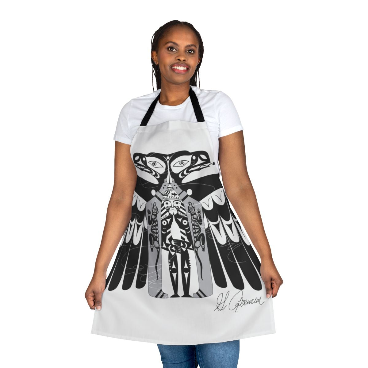 Raven Apron featuring a coastal design with a black bird silhouette against a sunset backdrop
