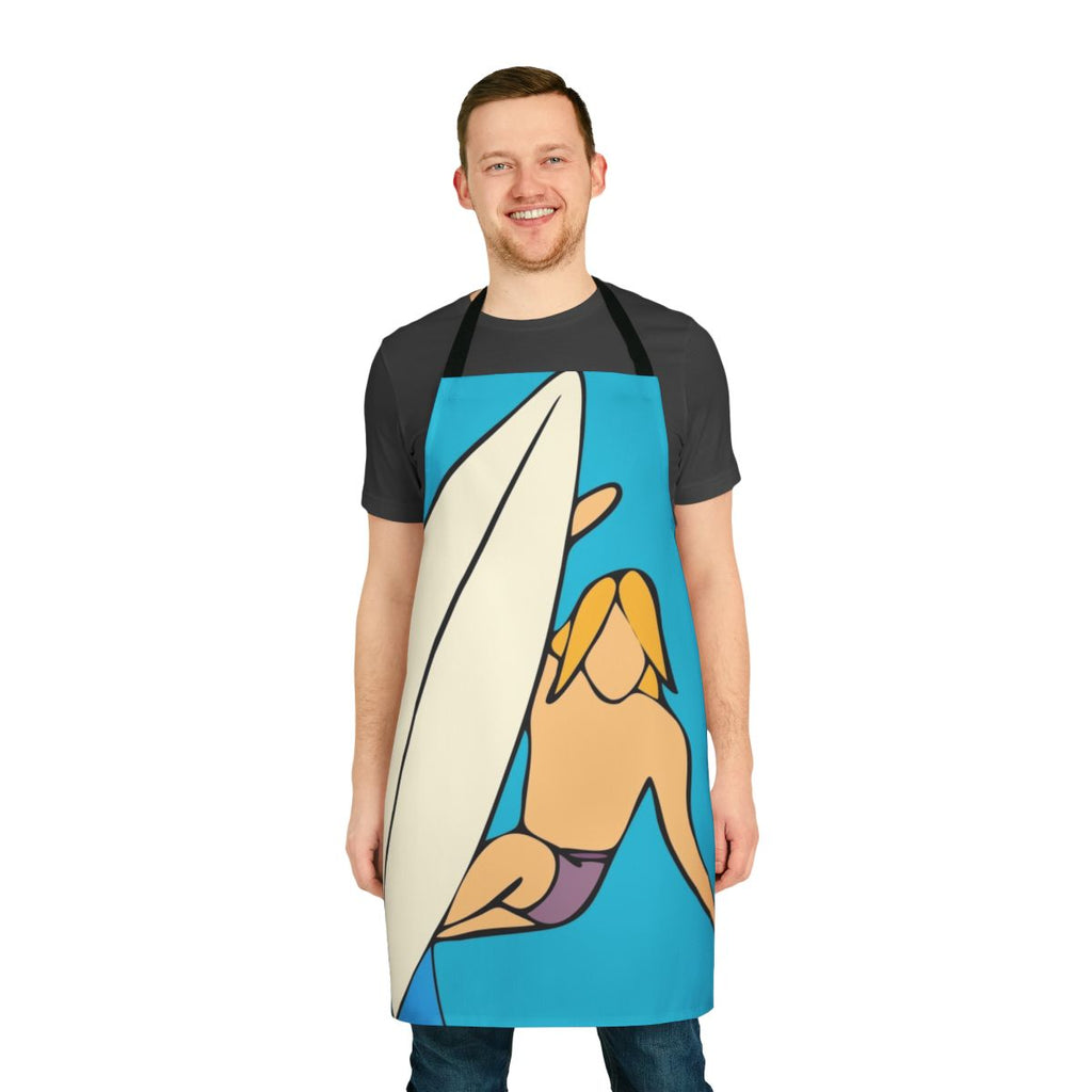 A vibrant blue and white apron with a surf-inspired design, perfect for the beach-lover or ocean enthusiast.
