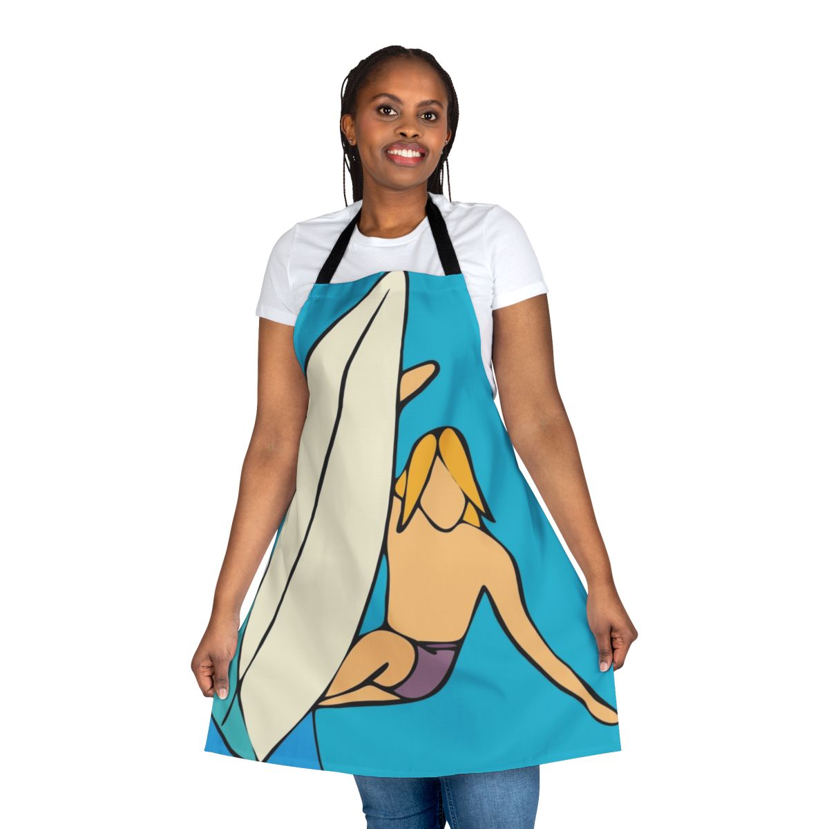 A vibrant blue and white apron with a surf-inspired design, perfect for the beach-lover or ocean enthusiast.