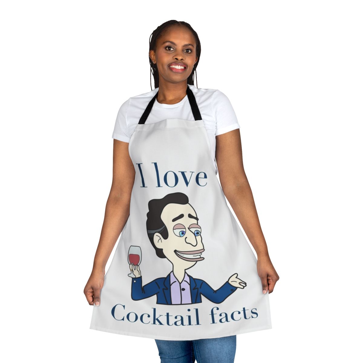 "Cocktail Facts" apron featuring funny quotes and trivia for Big Mouth Netflix fans