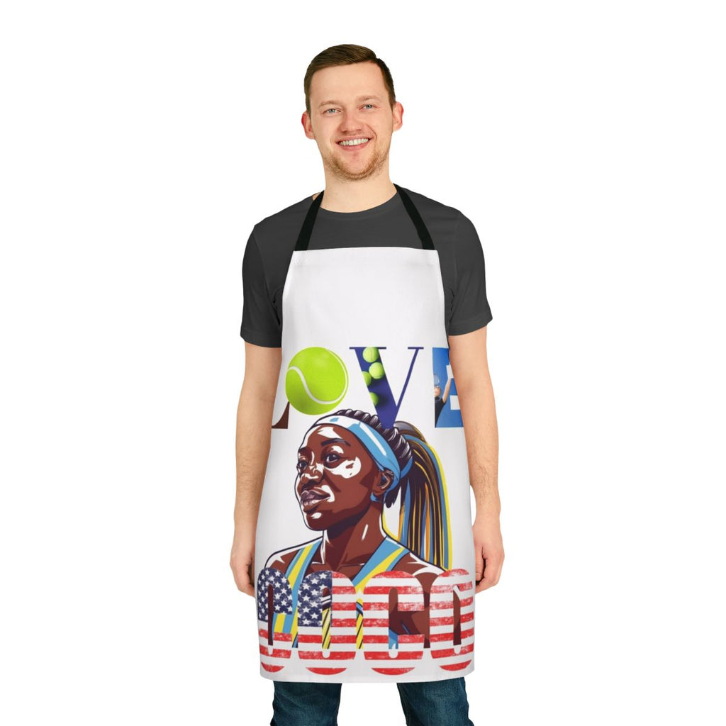 Stylish apron featuring the name "Coco" and tennis-themed graphics, perfect for tennis enthusiasts