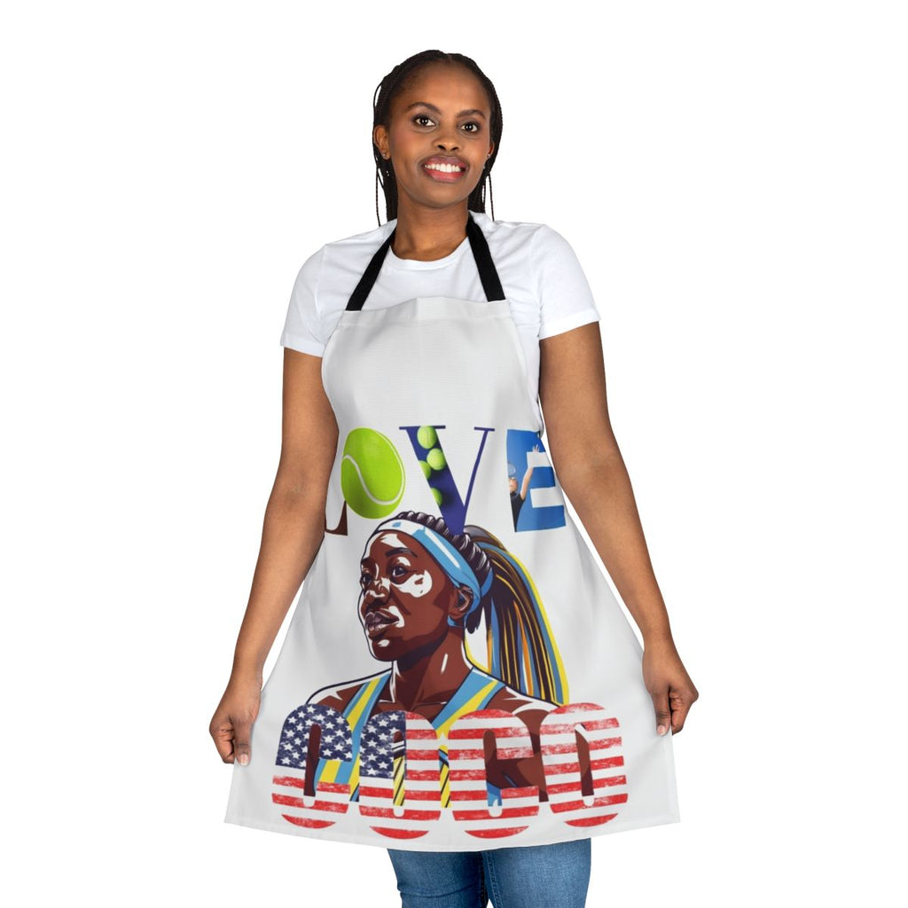 Stylish apron featuring the name "Coco" and tennis-themed graphics, perfect for tennis enthusiasts
