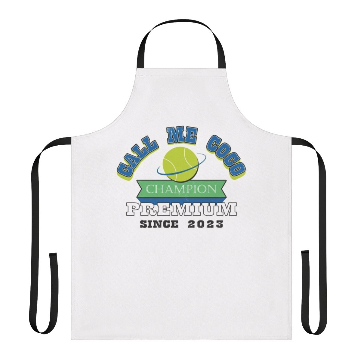 Black apron with "Call Me Coco" text, designed for fans of tennis player Coco Gauff