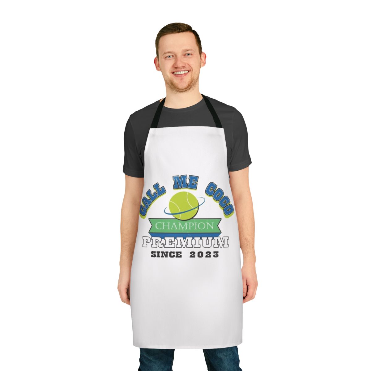 Black apron with "Call Me Coco" text, designed for fans of tennis player Coco Gauff