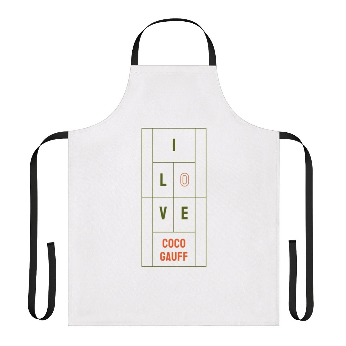 Coco Gauff inspired tennis-themed apron with "Call Me Coco" text and tennis ball design
