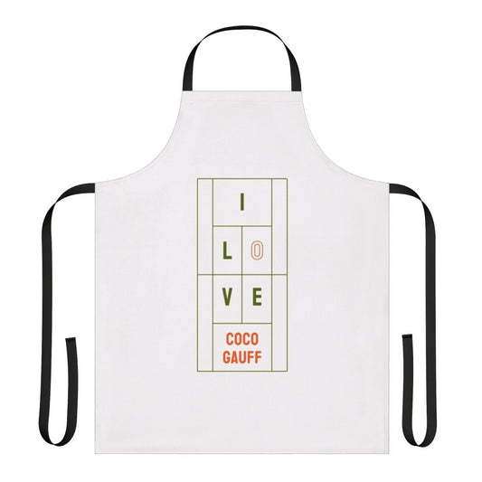 Coco Gauff inspired tennis-themed apron with "Call Me Coco" text and tennis ball design