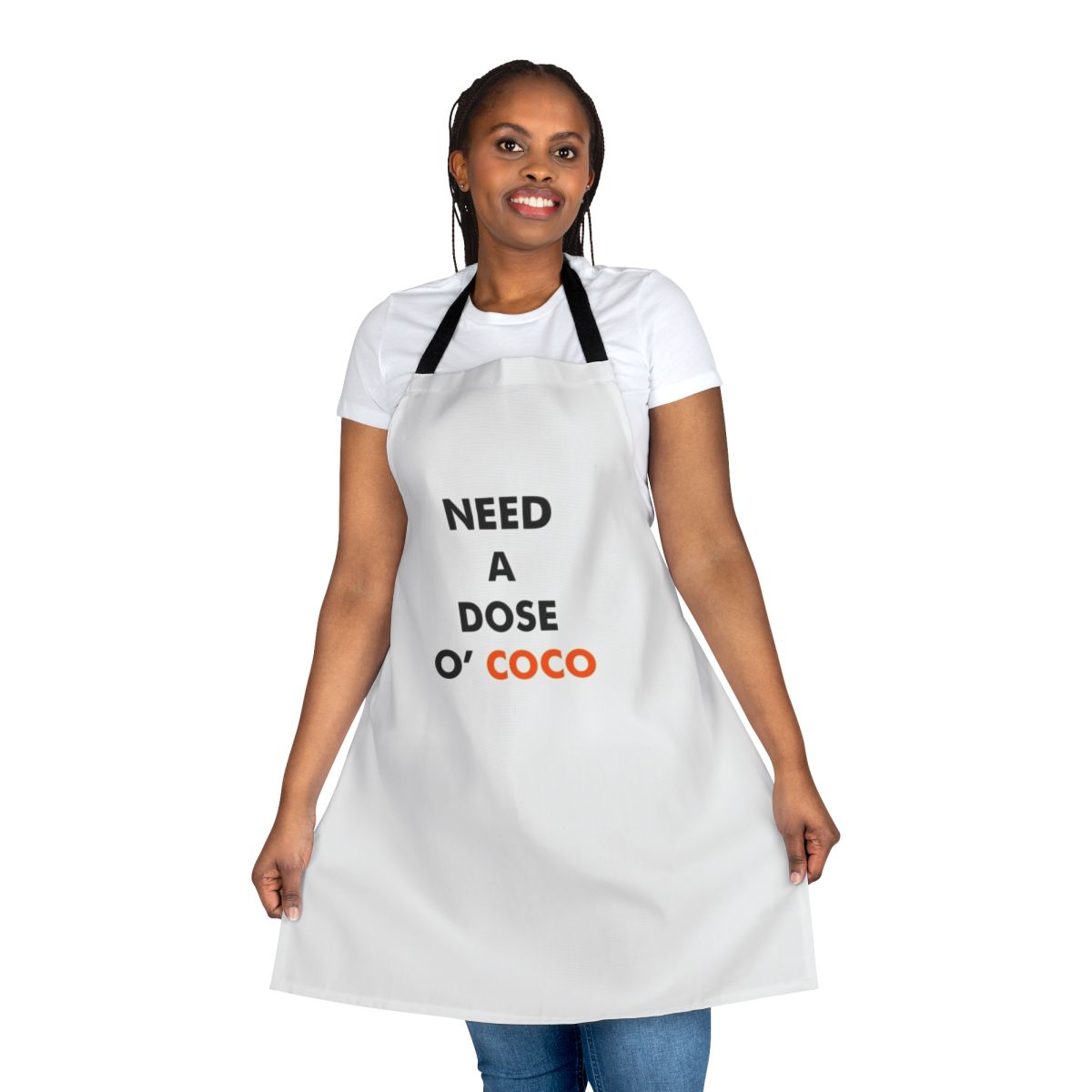 Coconut themed apron with text 'Need a Dose o Coco'