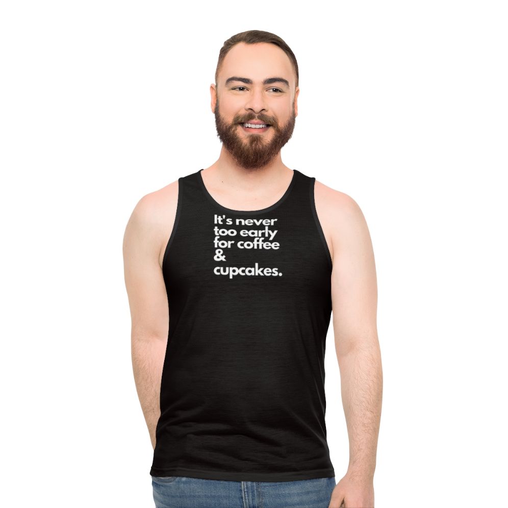 Unisex tank top featuring coffee and cupcakes design