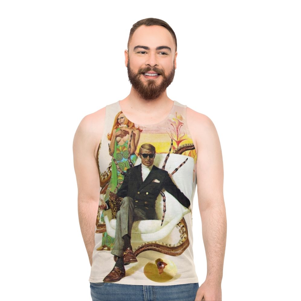 Unisex tank top with collage art inspired by pulp fiction and surreal fantasy