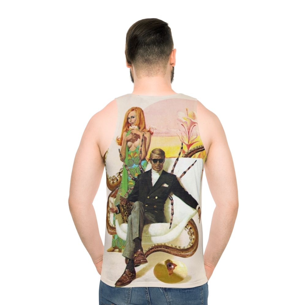 Unisex tank top with collage art inspired by pulp fiction and surreal fantasy
