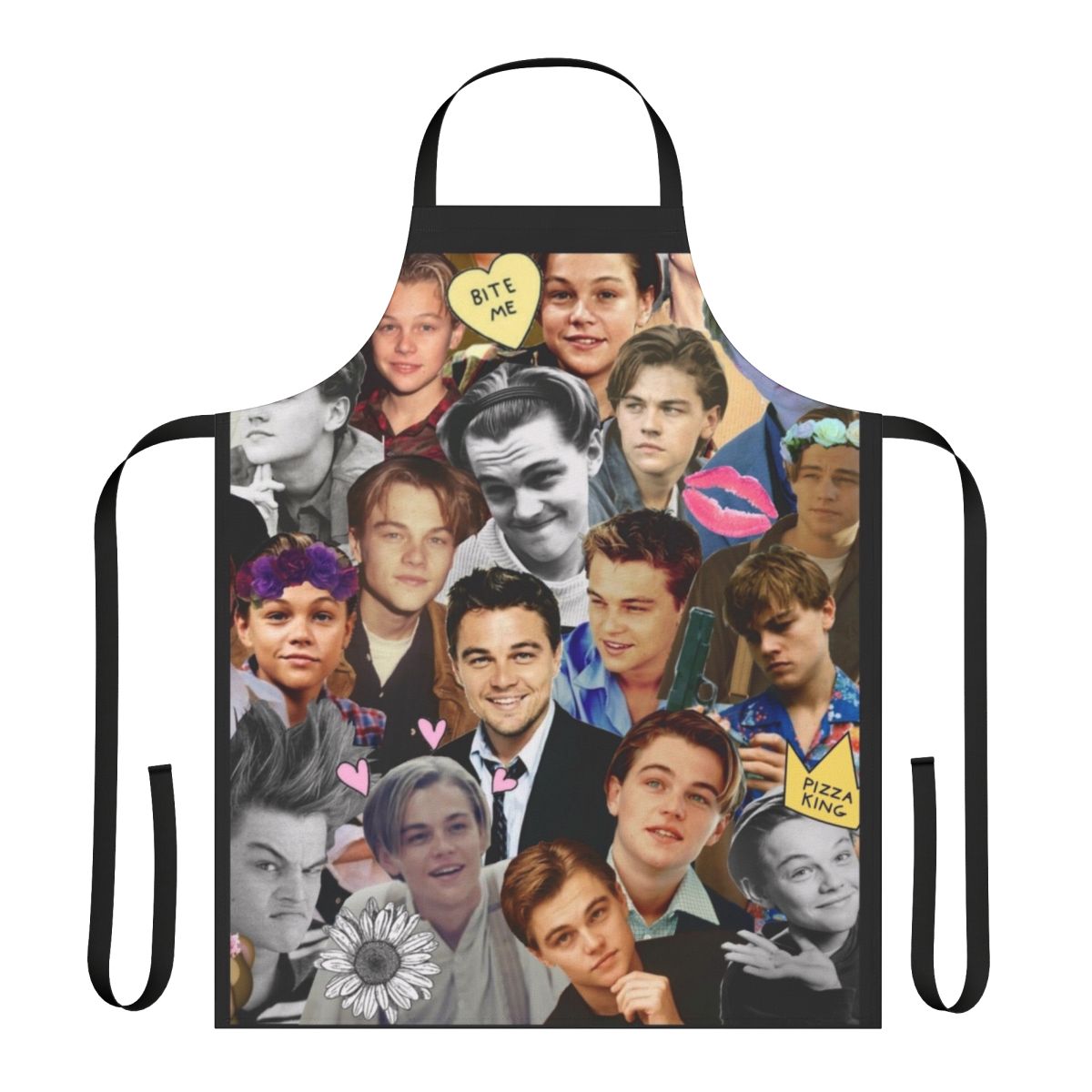 Collage-style art of Leonardo DiCaprio printed on a high-quality apron