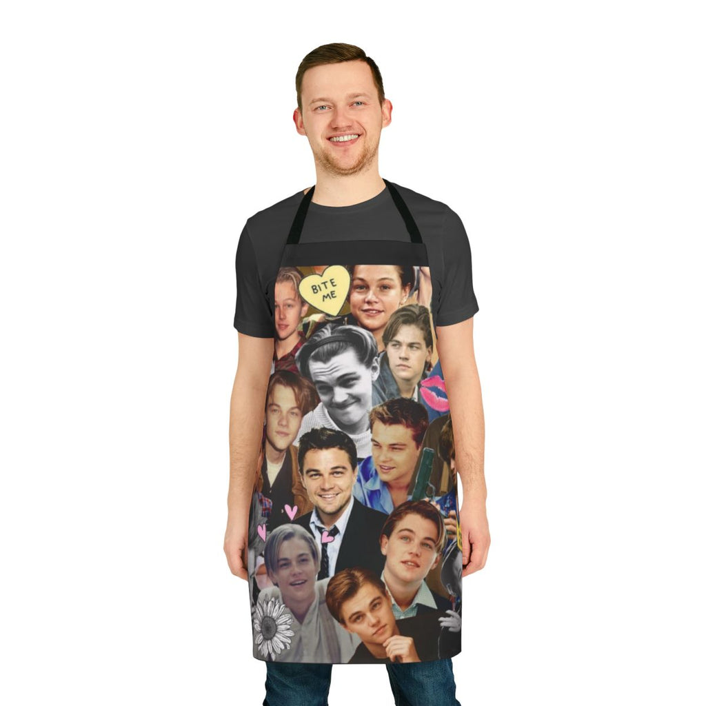 Collage-style art of Leonardo DiCaprio printed on a high-quality apron
