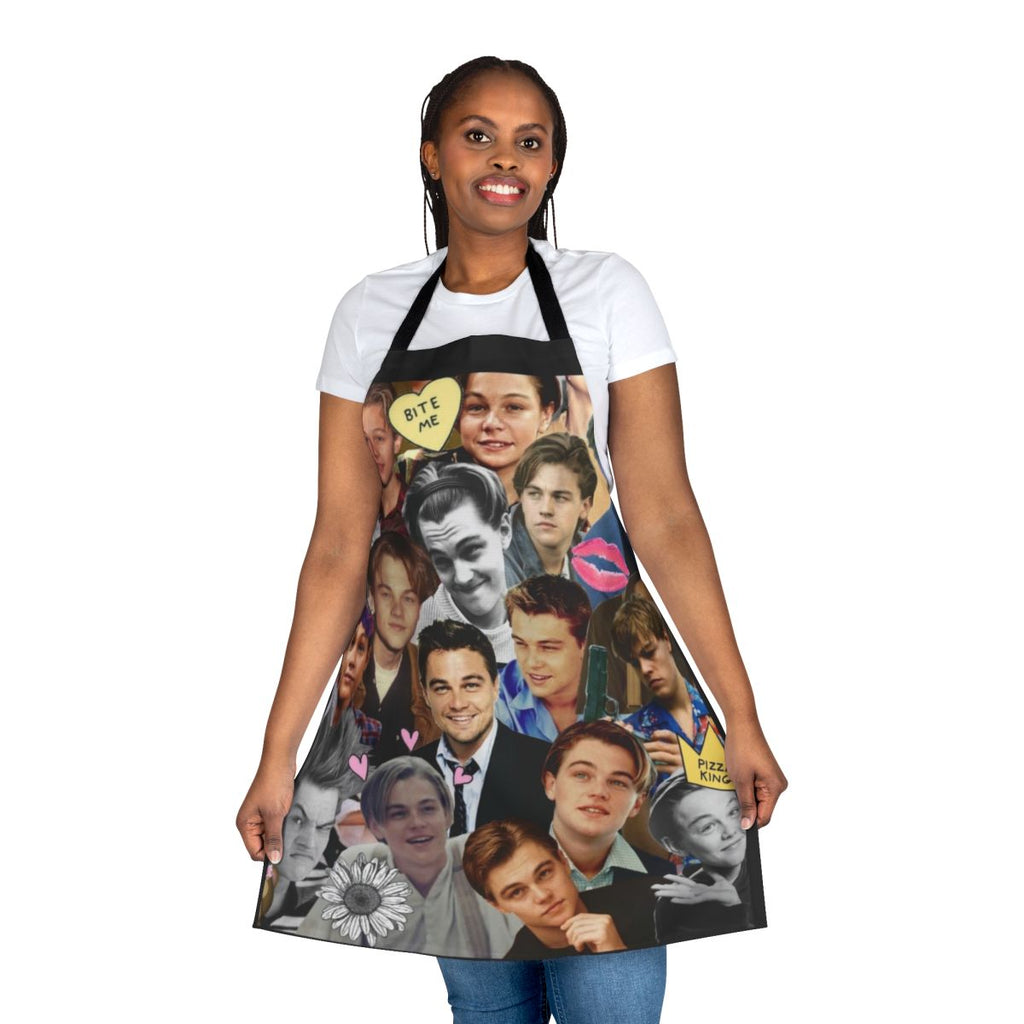 Collage-style art of Leonardo DiCaprio printed on a high-quality apron