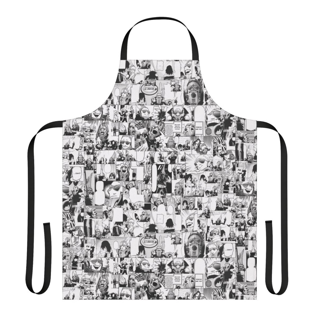 A collage-style apron featuring characters and imagery from the popular anime series, My Hero Academia.