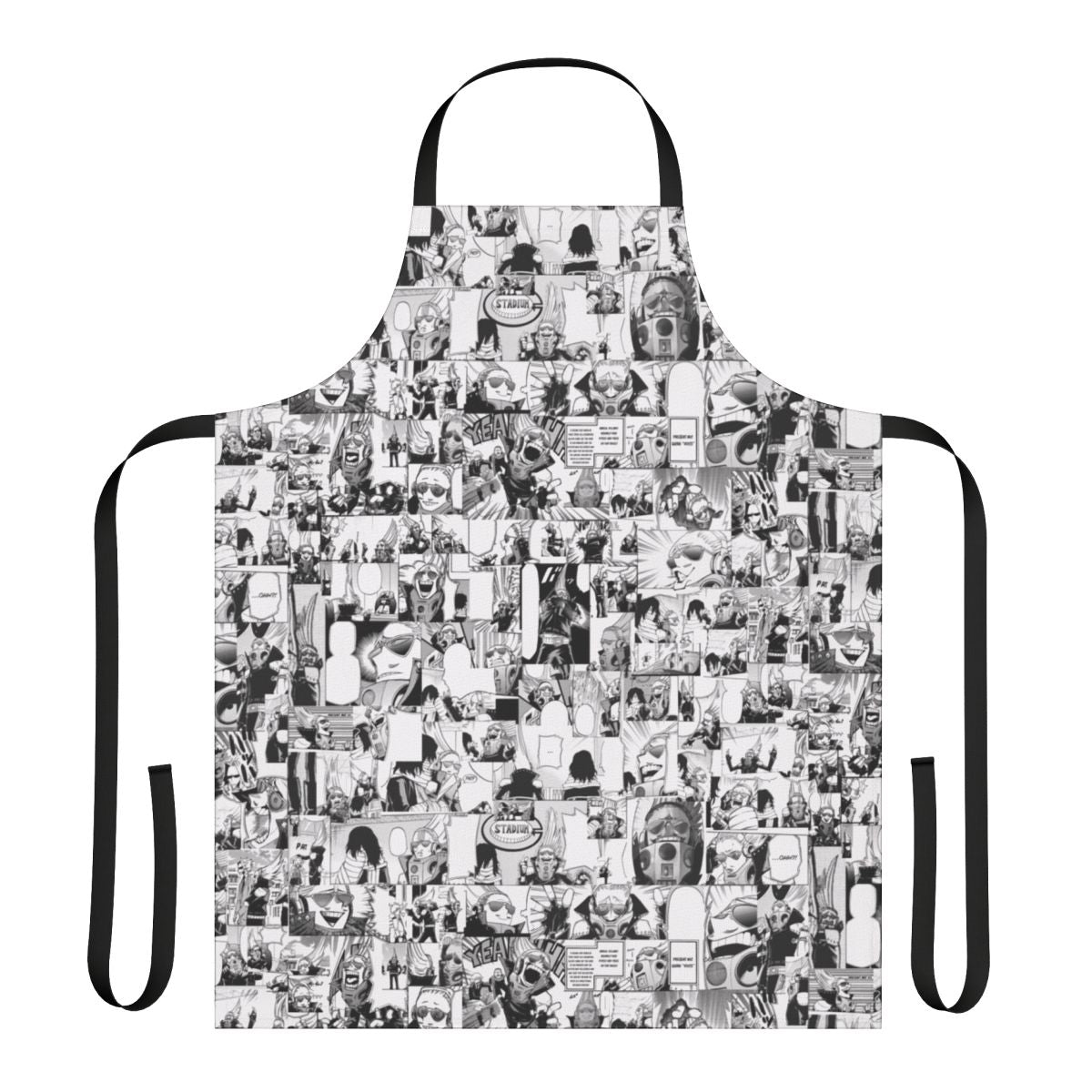 A collage-style apron featuring characters and imagery from the popular anime series, My Hero Academia.