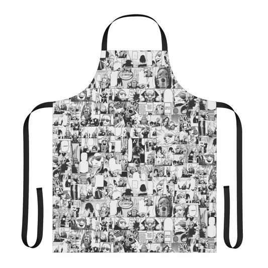 A collage-style apron featuring characters and imagery from the popular anime series, My Hero Academia.
