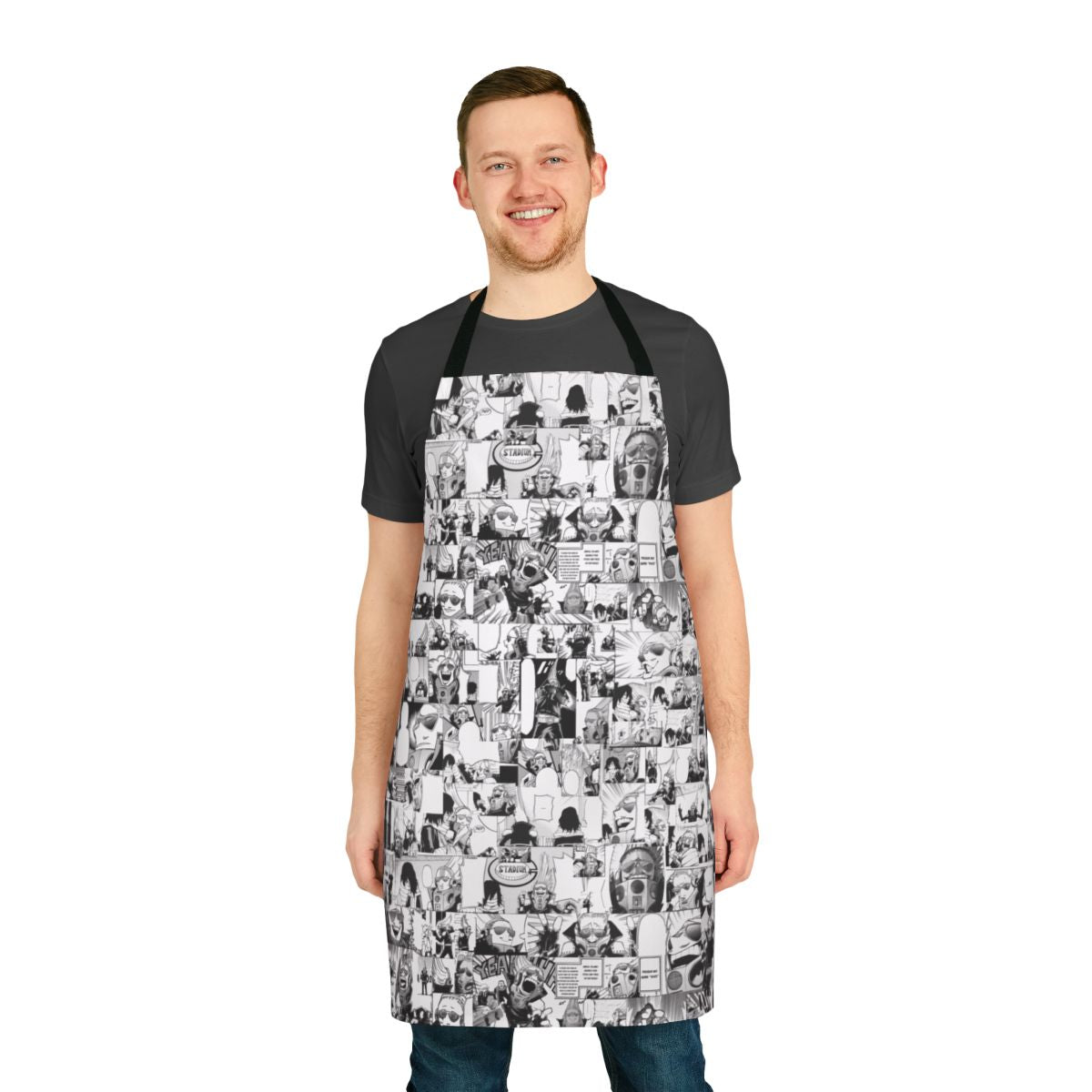 A collage-style apron featuring characters and imagery from the popular anime series, My Hero Academia.