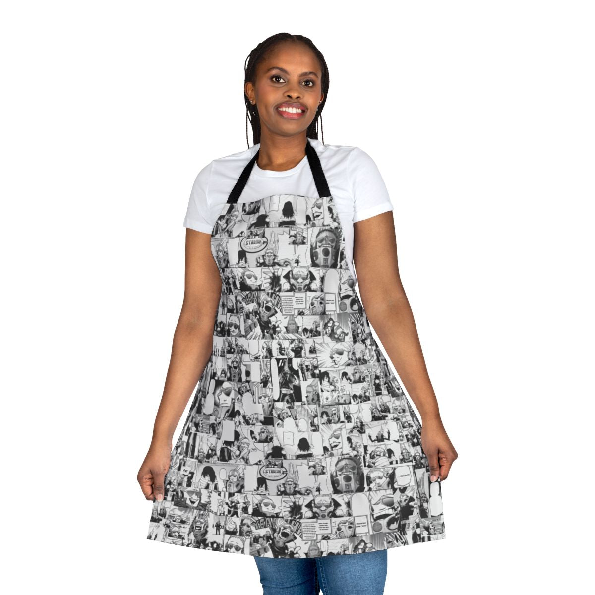 A collage-style apron featuring characters and imagery from the popular anime series, My Hero Academia.
