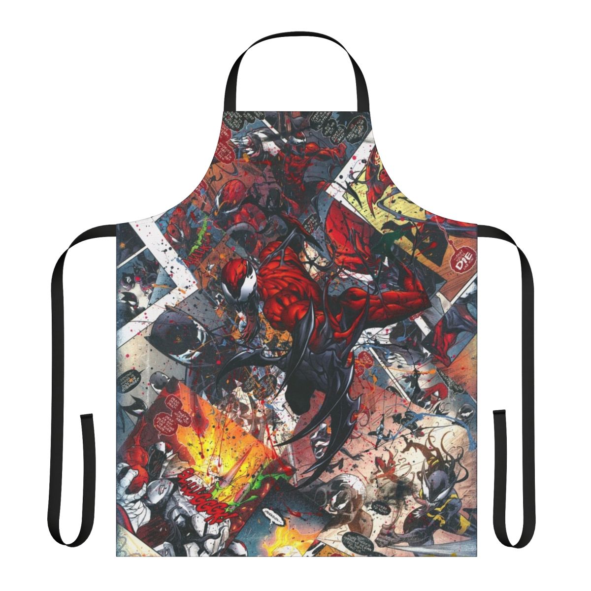 Vibrant comic book collage printed on a high-quality apron, featuring Carnage and Spider-Man characters.