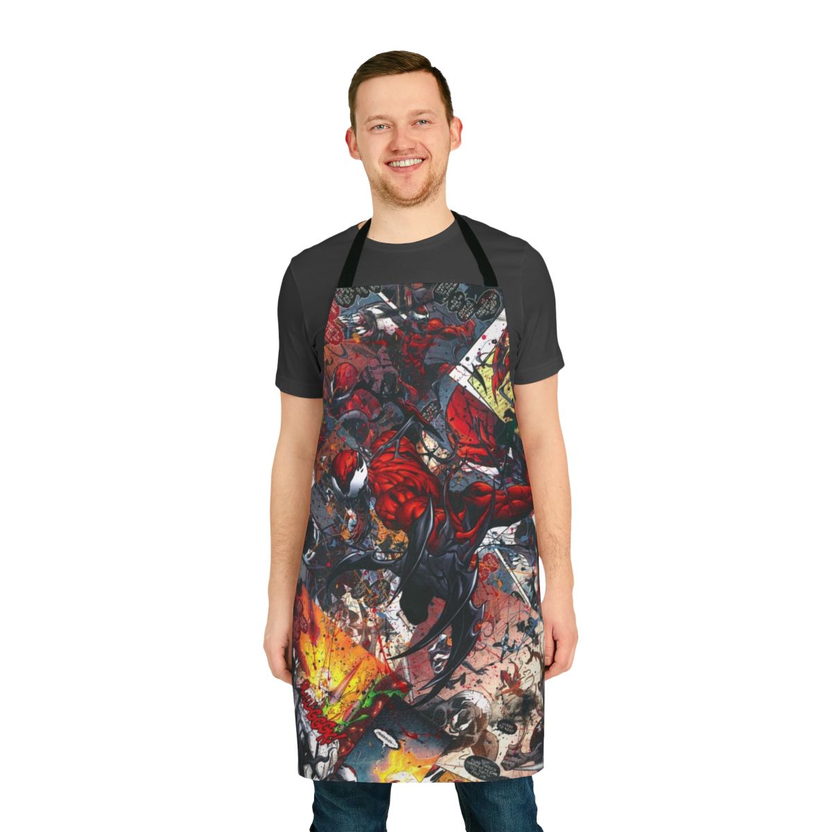 Vibrant comic book collage printed on a high-quality apron, featuring Carnage and Spider-Man characters.