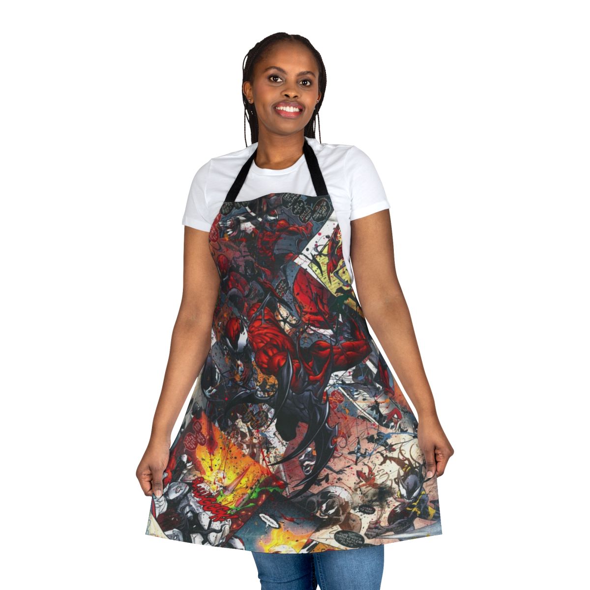 Vibrant comic book collage printed on a high-quality apron, featuring Carnage and Spider-Man characters.