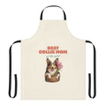 Collie mom wearing a floral apron with tulips and a joyful expression