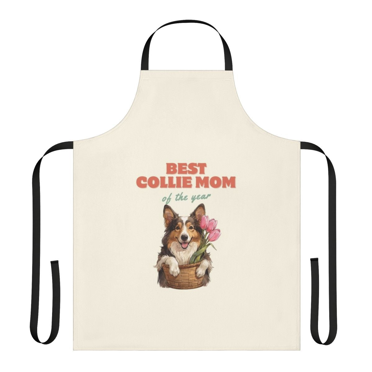 Collie mom wearing a floral apron with tulips and a joyful expression