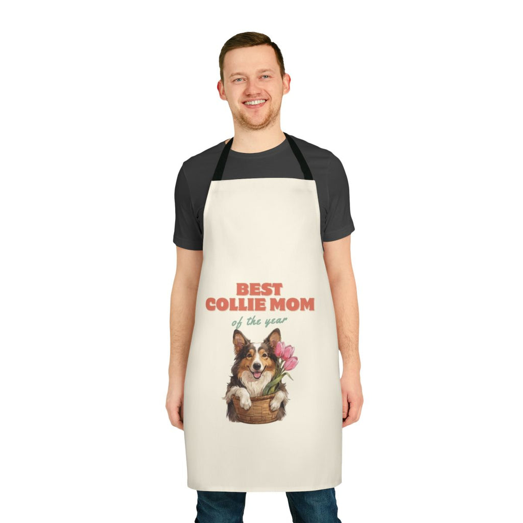 Collie mom wearing a floral apron with tulips and a joyful expression