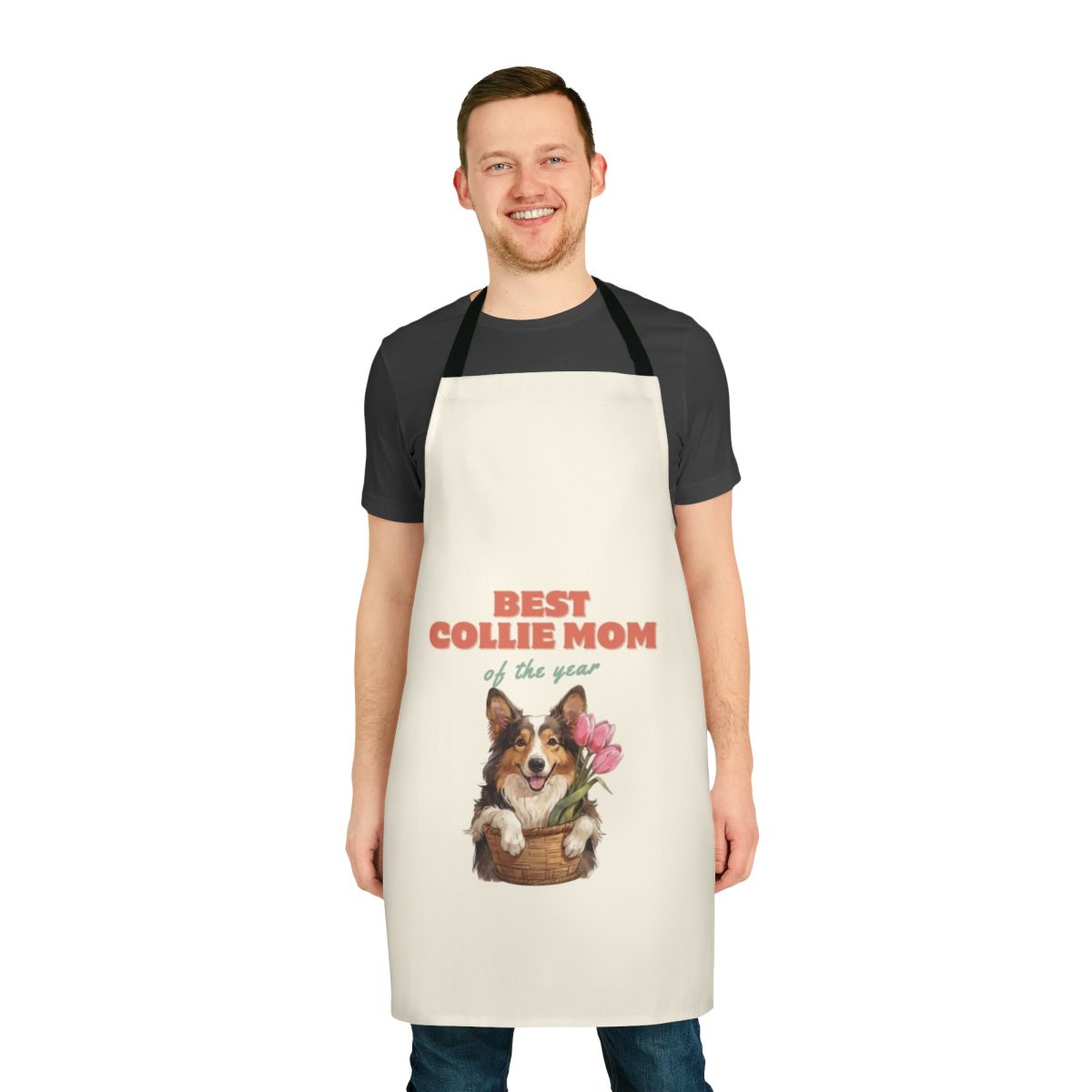 Collie mom wearing a floral apron with tulips and a joyful expression