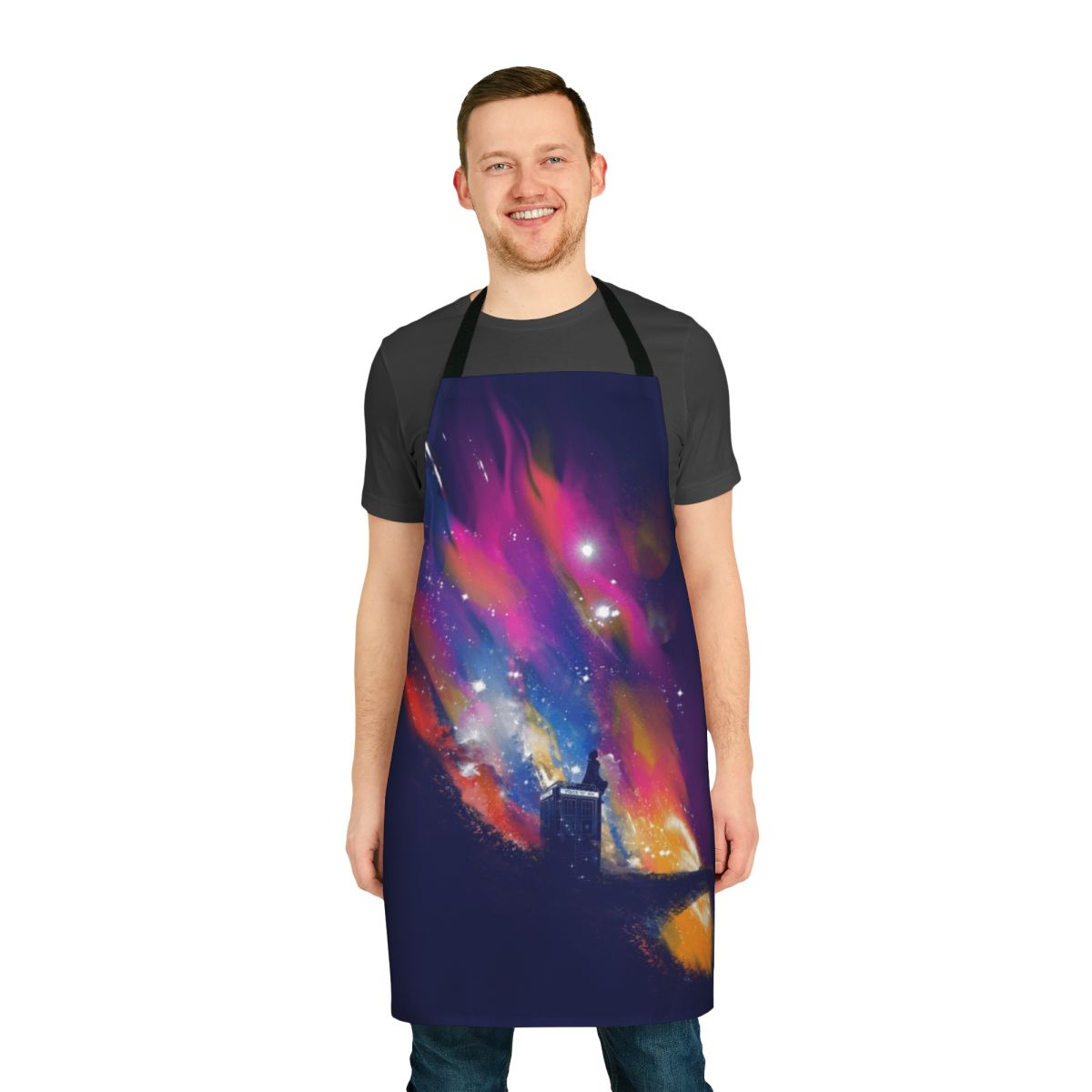 Vibrant and whimsical 13th Doctor-themed apron for science fiction and fantasy enthusiasts