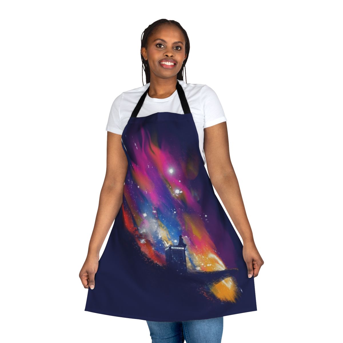 Vibrant and whimsical 13th Doctor-themed apron for science fiction and fantasy enthusiasts
