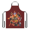 Vibrant apron featuring retro movie star characters and action movie graphics