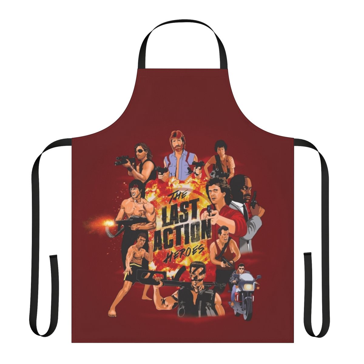 Vibrant apron featuring retro movie star characters and action movie graphics
