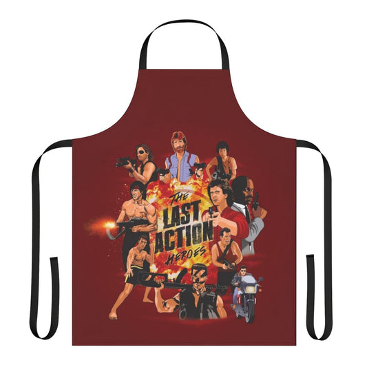 Vibrant apron featuring retro movie star characters and action movie graphics