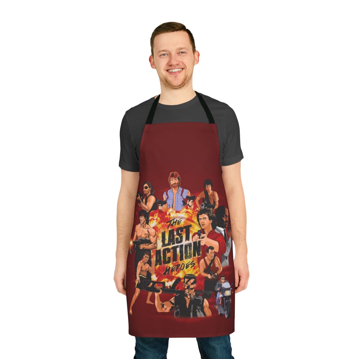 Vibrant apron featuring retro movie star characters and action movie graphics