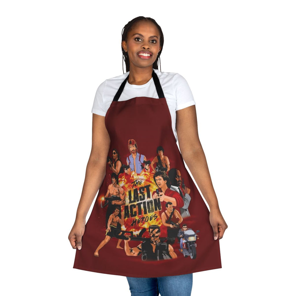 Vibrant apron featuring retro movie star characters and action movie graphics