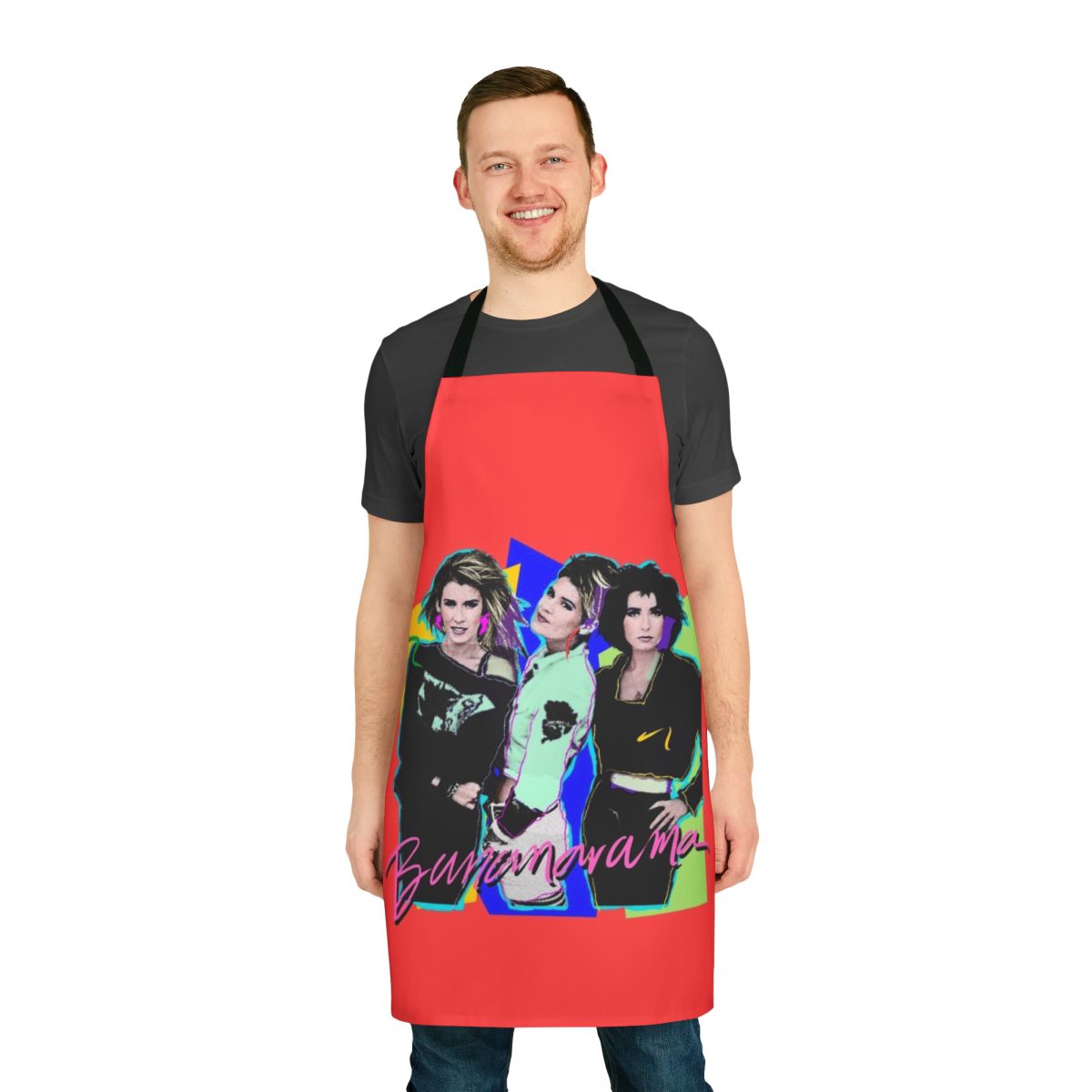 Vibrant 80s style banana print apron with pop art colors and retro design