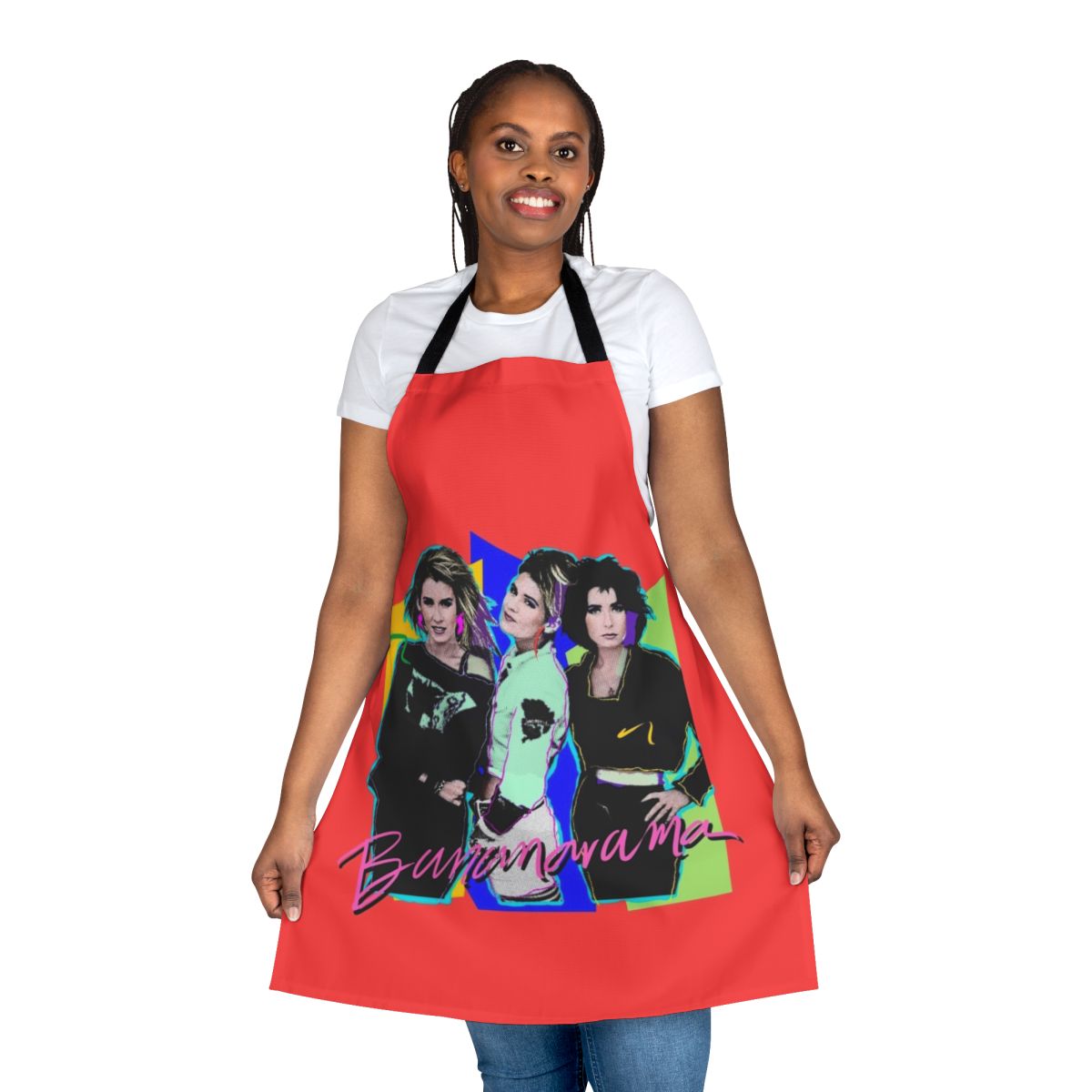 Vibrant 80s style banana print apron with pop art colors and retro design