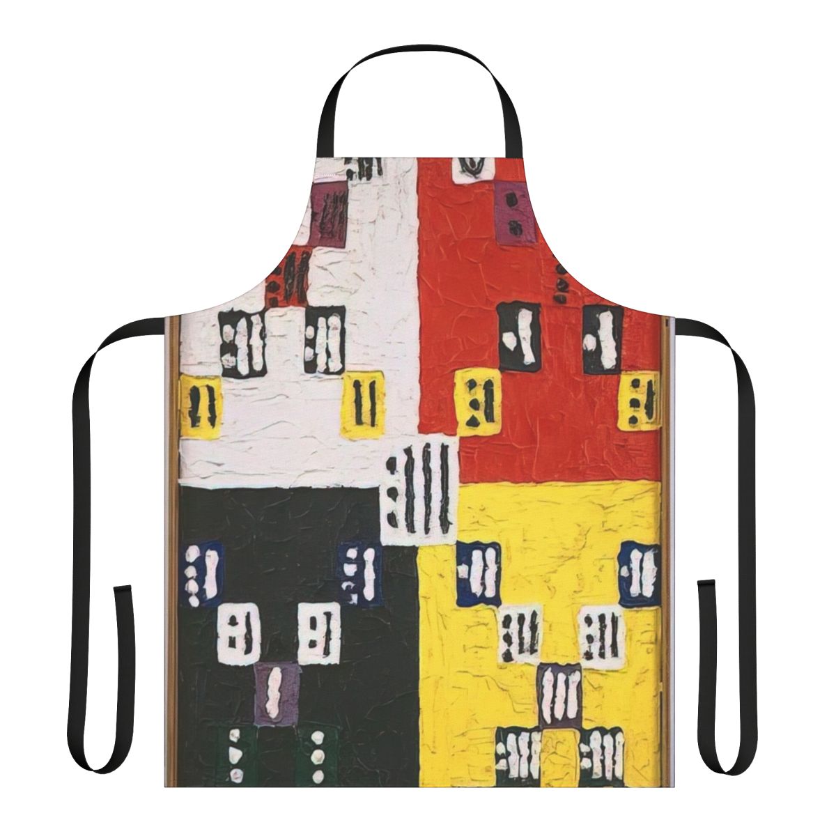 Vibrant abstract apron featuring geometric patterns and cosmic motifs inspired by the midcentury paintings of artist Alfred Jensen.